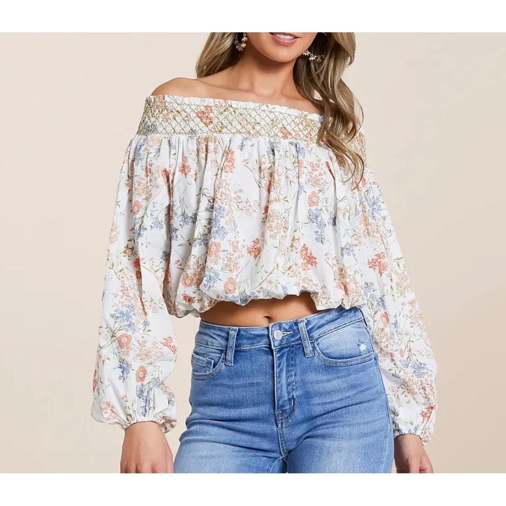 Willow + Root Floral Smocked Off Shoulder Peasant Crop Top Boho Cottage M